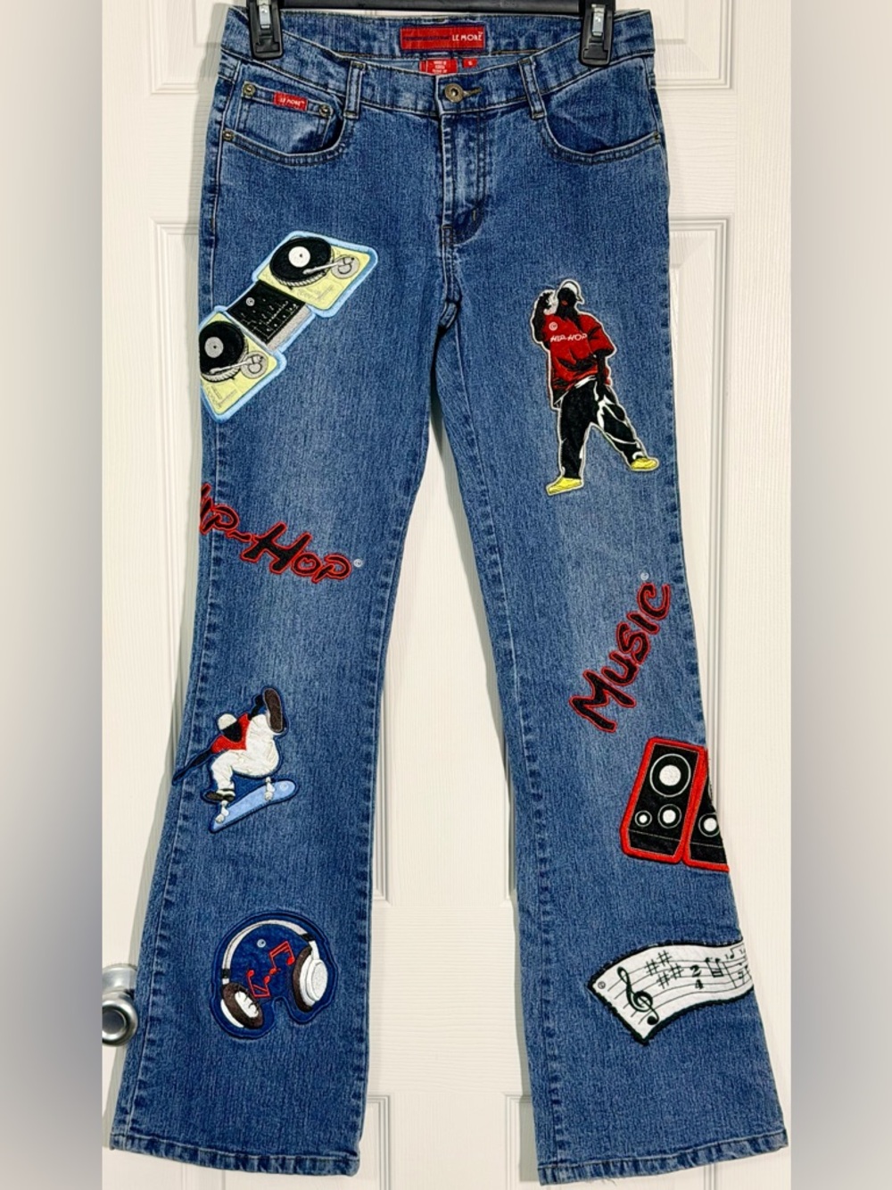 Le More Y2K Patchwork Jeans Women’s Juniors Sz 5 Hip Hop Embroidered Flare Denim